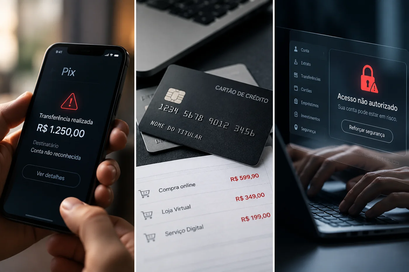 Composição com celular exibindo um Pix não reconhecido, cartão de crédito com compras contestadas e notebook com alerta de acesso não autorizado