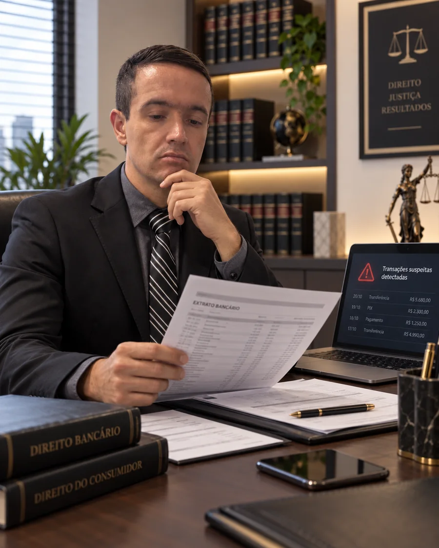 Leonardo Garofalo Ferrari, advogado da La Falce Advocacia, analisando um extrato bancário em seu escritório